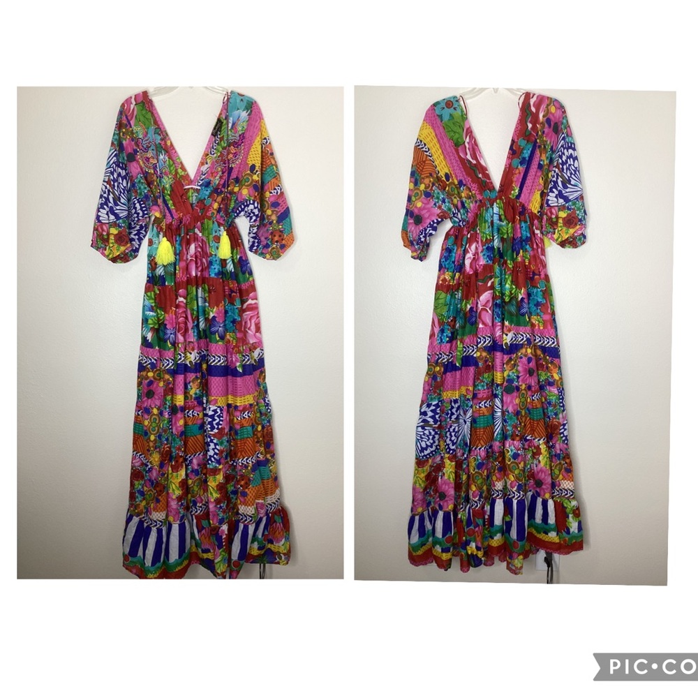 Positano Colorful Maxi Dress Tiered Beaded Party Poolside Vacation Free Size